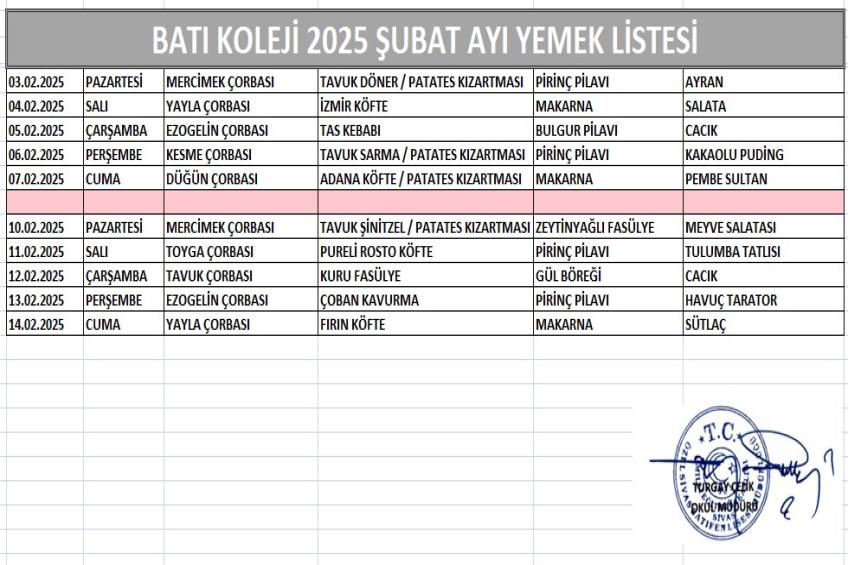 ŞUBAT AYI (2025) YEMEK LİSTESİ-1